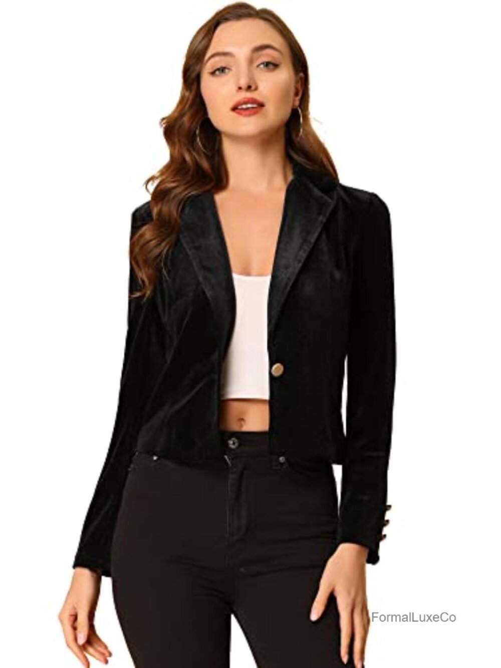 Women's Velvet Blazer 1 Button Notched Lapel Crop Suit Jacket